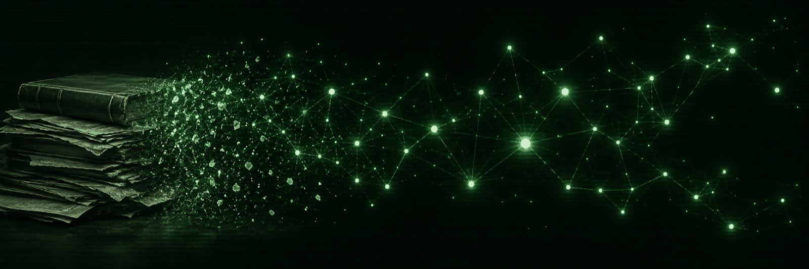 A stack of old papers dissolving into a constellation of connected green nodes