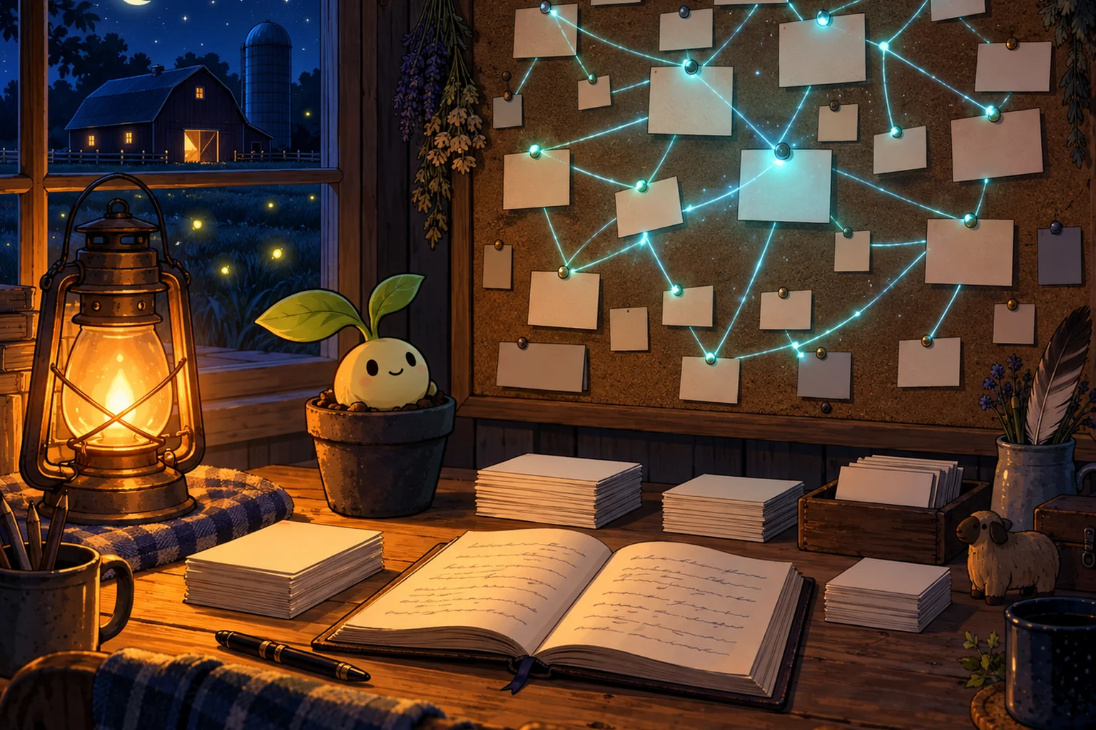 A night workshop lit by a lantern, with a corkboard of pinned notes linked together by glowing threads